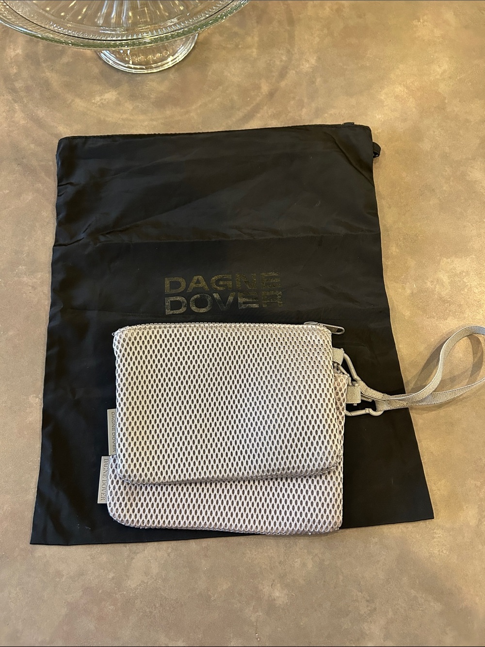 Dagne Dover Light Gray Mesh zipper Bag with Wrist Strap and black zipper pouch
